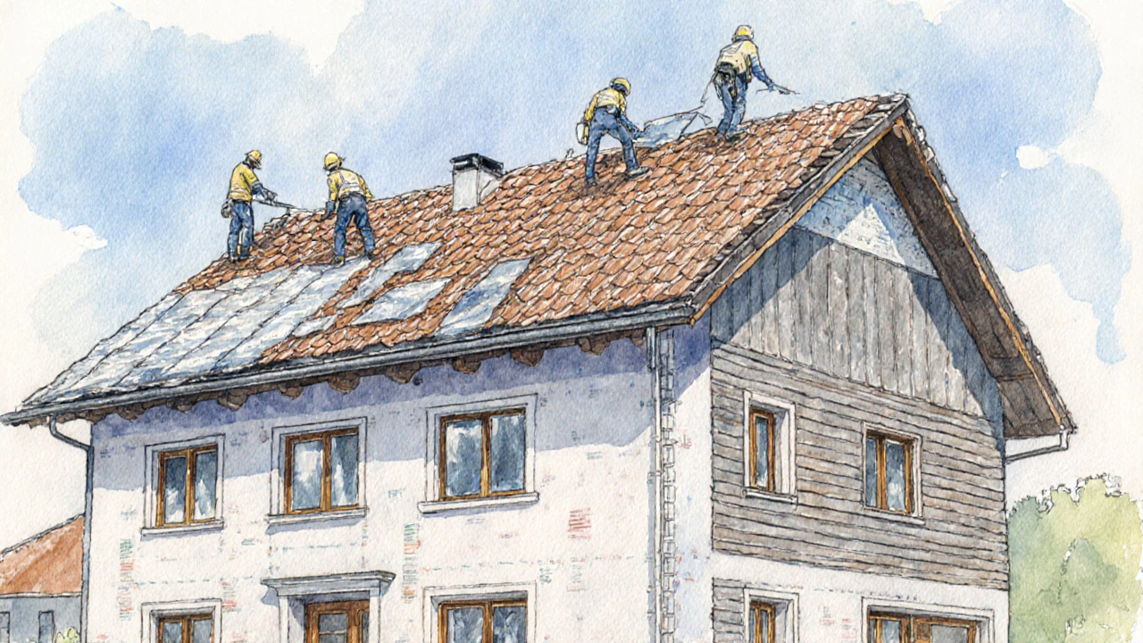 Handwerker erneuern Dach und Fassadendämmung an einem einstöckigen Haus.