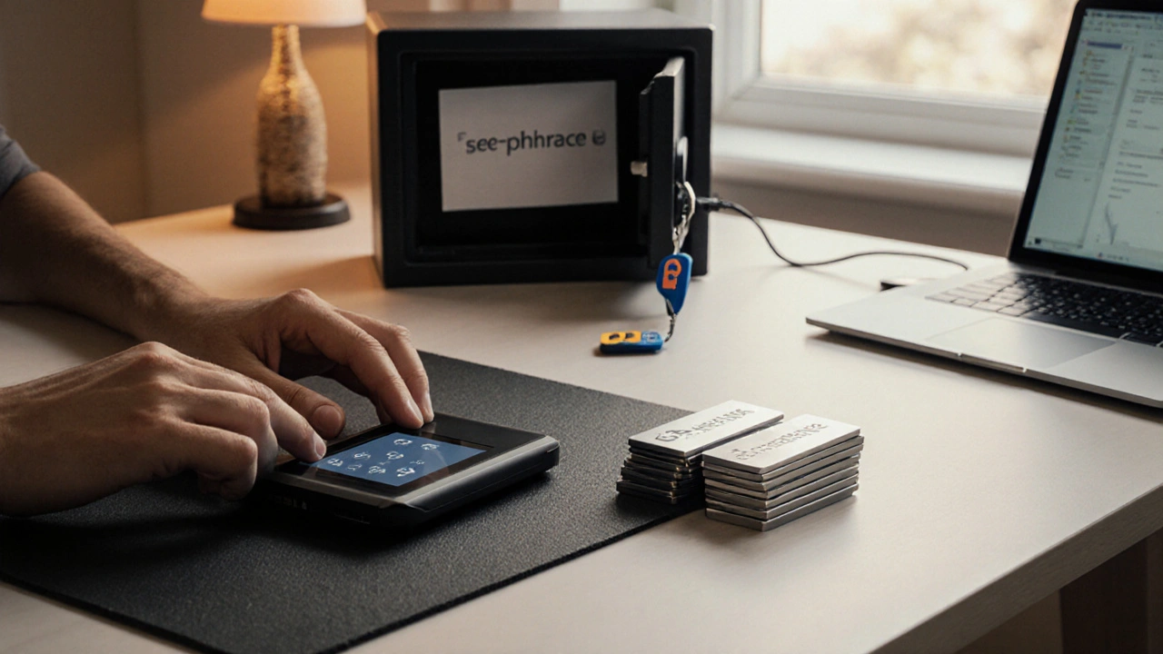 Person initialisiert Hardware‑Wallet, legt Seed‑Phrase‑Platten hin, legt Papier in Safe, nutzt YubiKey‑Token.