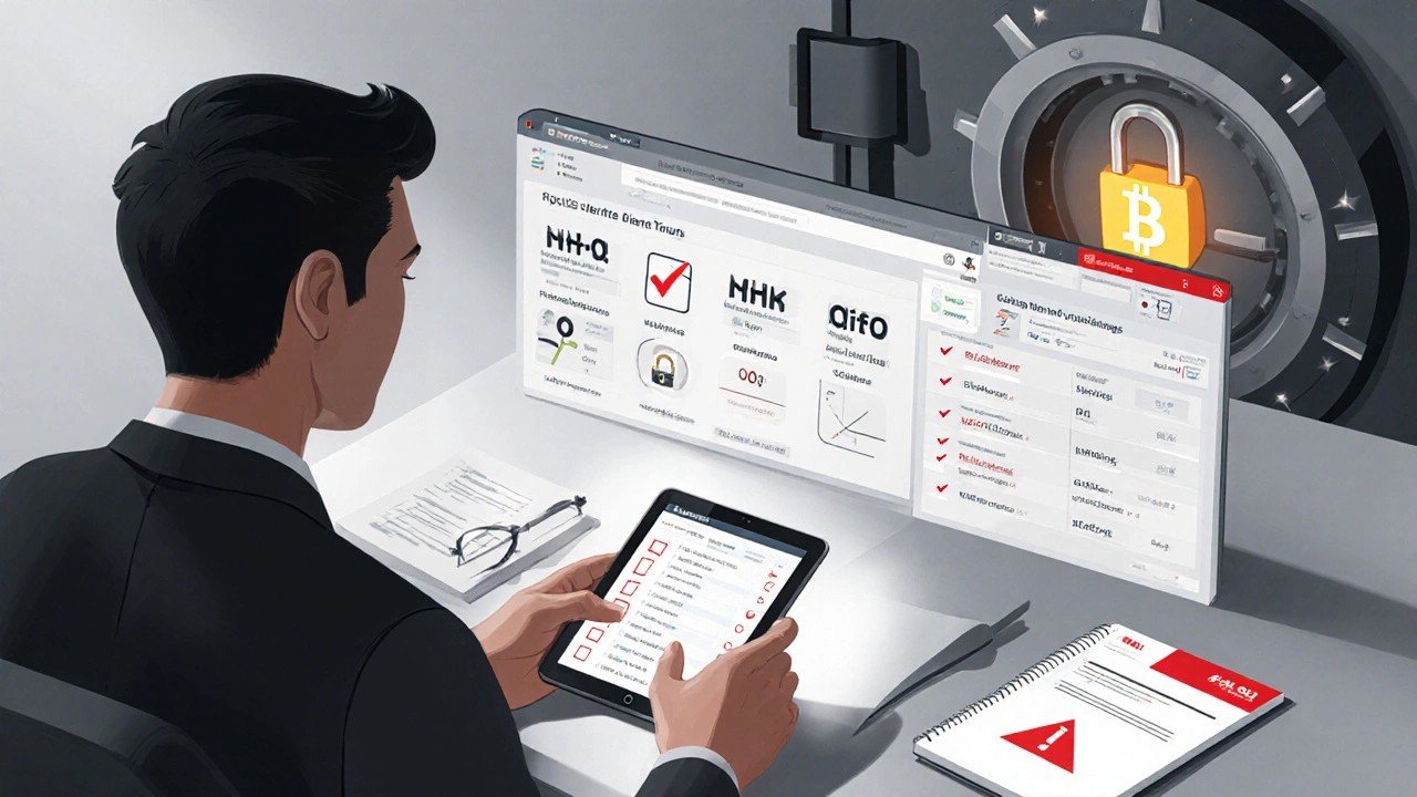 Person prüft Tablet‑Dashboard, hinter ihr ein Safetür‑Schatten, zeigt Audit‑Checkliste und Phishing‑Warnung.