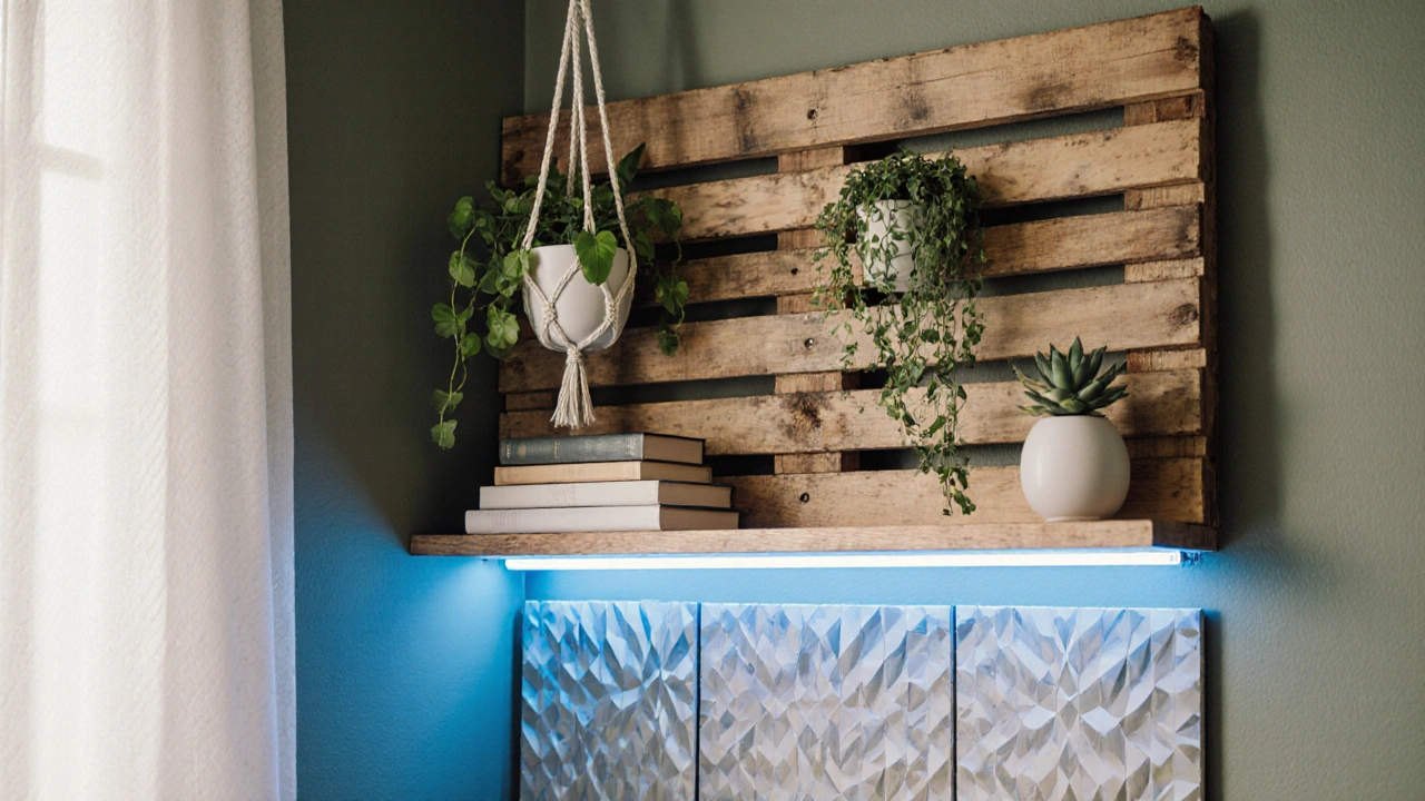 DIY-Wand mit Holzregal, Pflanzen, Akustikpaneelen und LED-Leisten.