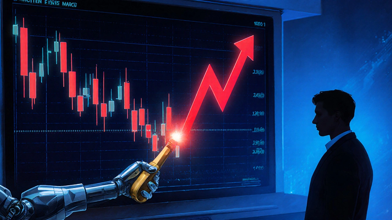 Dramatisches Diagramm mit rotem Kursabsturz und automatischer Liquidations‑Roboter.