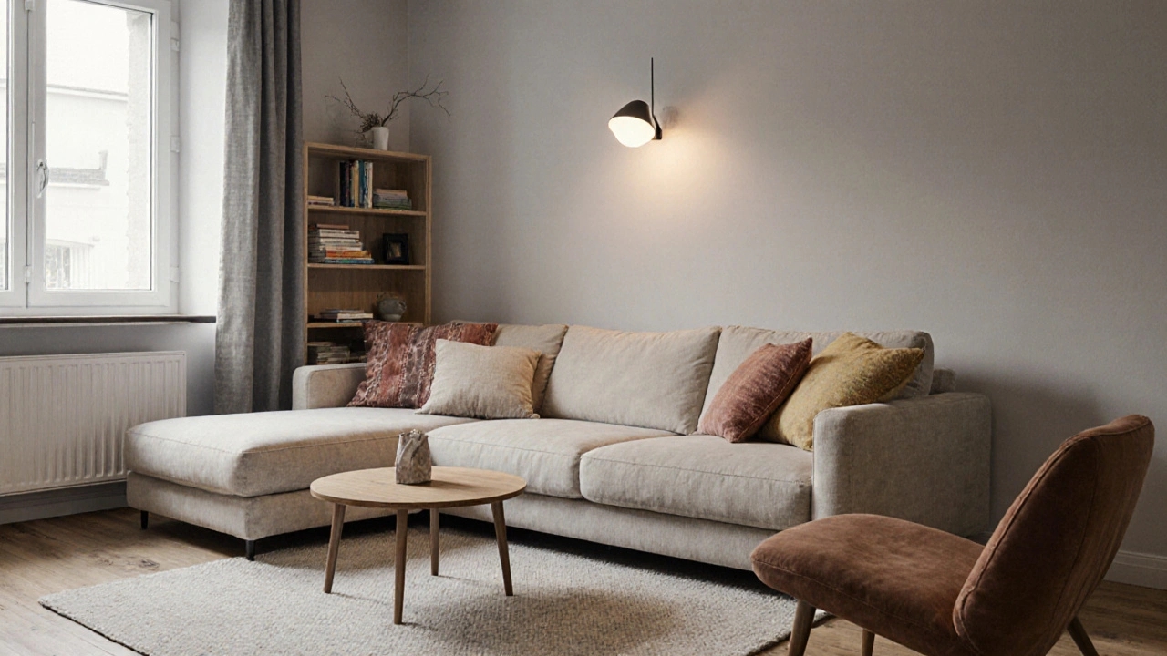 Ecksofa in einer kleinen Wohnung mit Sessel und runder Tisch für gemütliche Sitzecke.