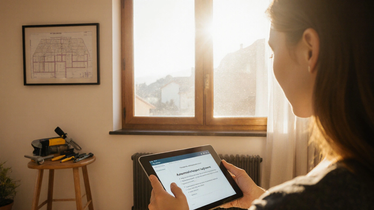Eigentümer prüfen auf einem Tablet ihre automatisch angepasste Versicherungssumme.