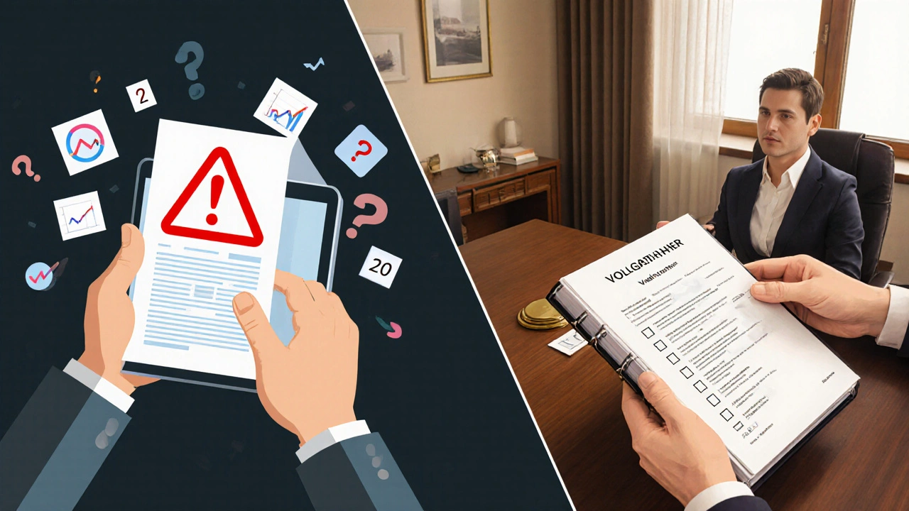 Ein Kunde erhält ein professionelles Gutachten neben einer digitalen Schätzung, die als unzuverlässig dargestellt ist.