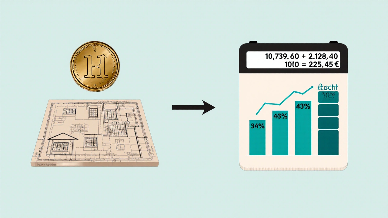 Eine grafische Darstellung der Berechnung des Neubauwerts mit Goldmark und Baupreisindex.