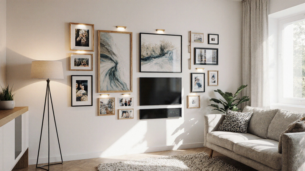 Fertige Galeriewand im Wohnzimmer mit zentralem Bild, Holz‑ und Metallrahmen sowie integrierter digitaler Bildschirme.