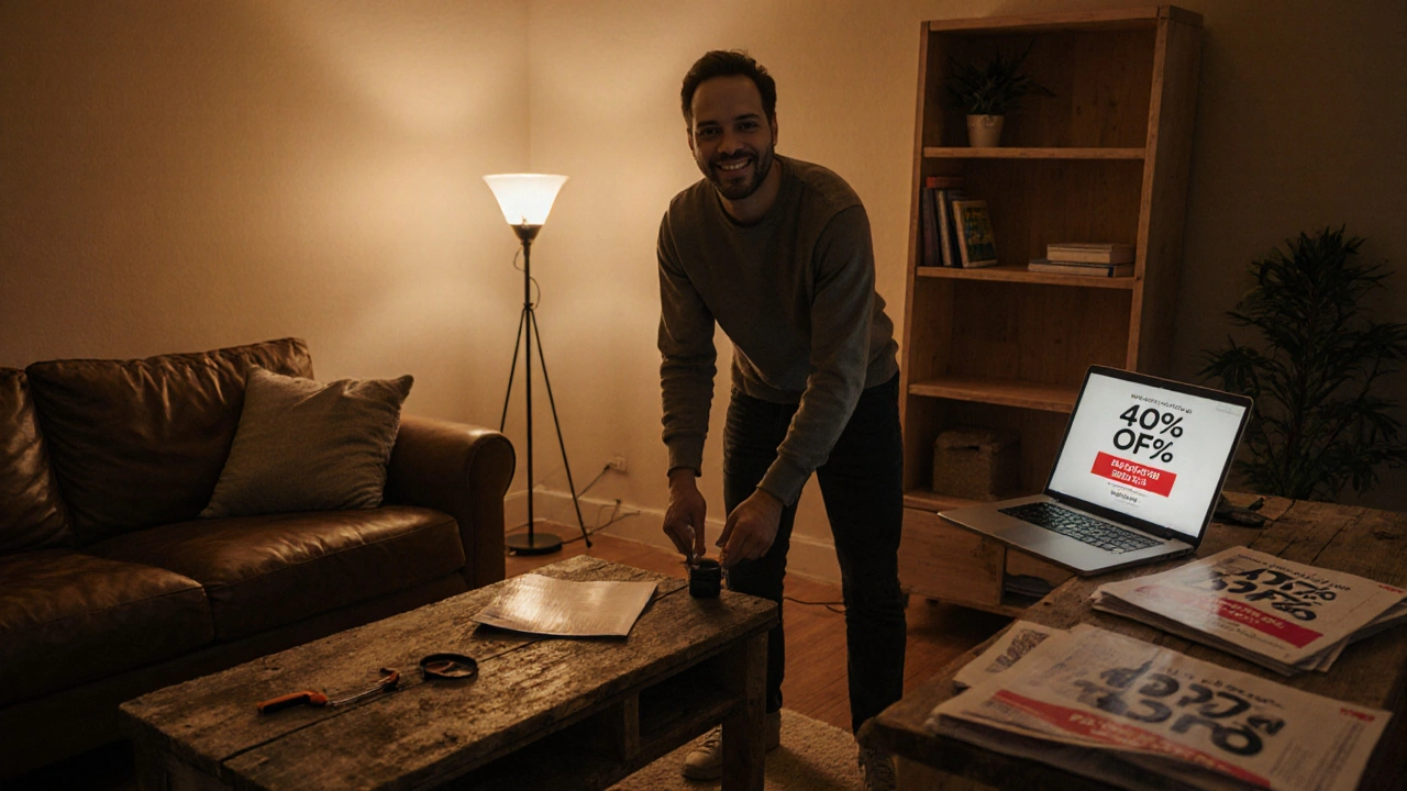 Gemütliches Wohnzimmer mit Secondhand‑Möbeln, DIY‑Montage und Spar‑Hinweisen.