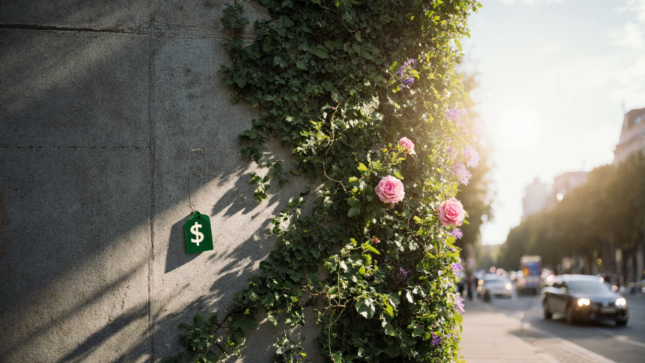 Graue Fassade mit kletternden Pflanzen, die zu einer grünen Wand werden, Sonnenlicht und städtischer Hintergrund.