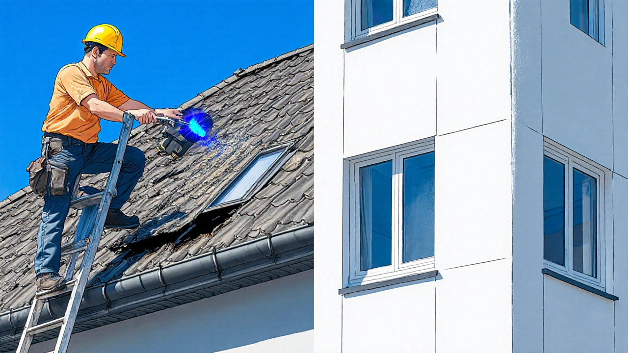 Handwerker prüft altes Dach, daneben neue Dachziegel, dreifach verglaste Fenster und frische Fassadenfarbe.