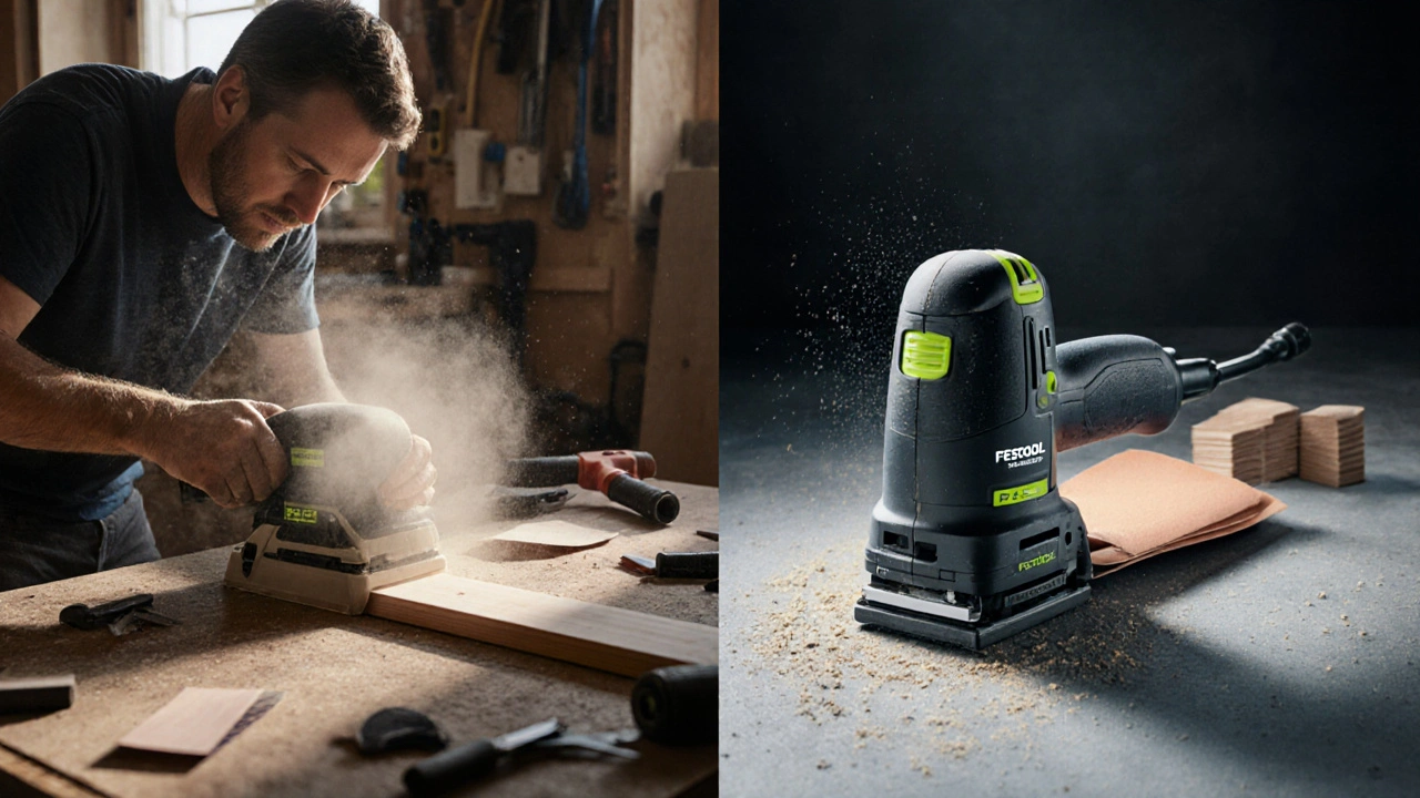 Heimwerker mit Mietmaschine, die Staub verursacht, neben einer sauber arbeitenden Profimaschine mit geringer Staubentwicklung.
