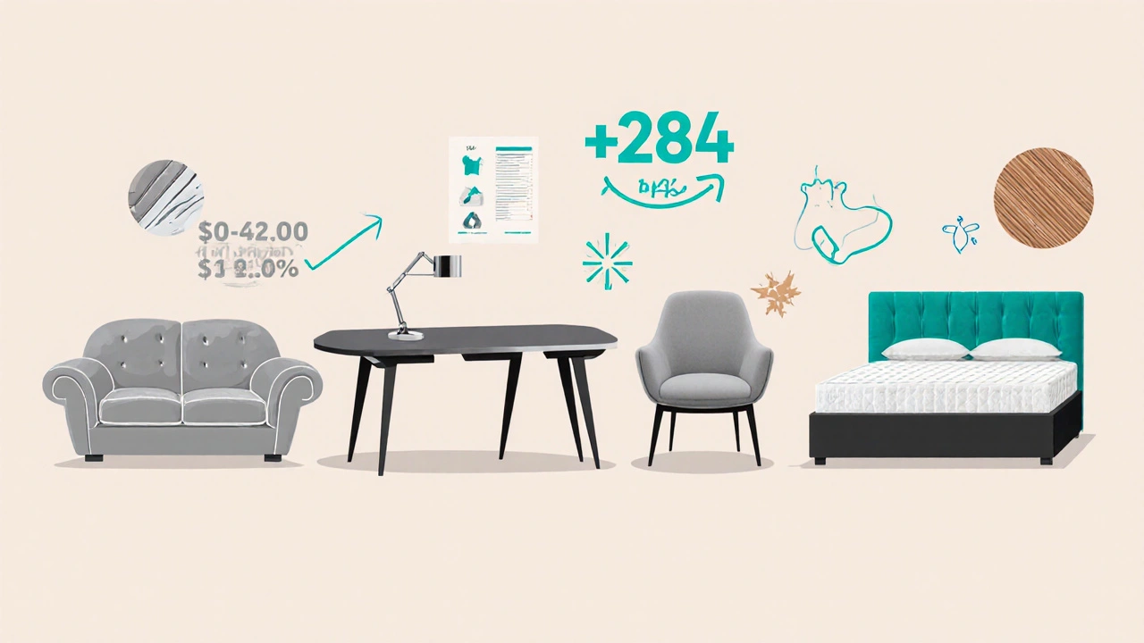 Illustration von Sofa, Esstisch, Schreibtisch, Stuhl und Bett mit Preis‑ und Prozentangaben.