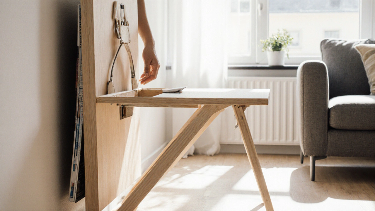 Klappbarer Holztisch wird aus seiner Verstauung gezogen, neben einem hellen Fenster im kompakten Raum.