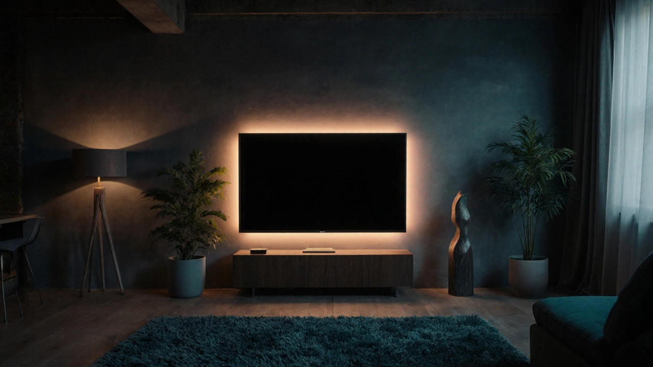 Loft‑Wohnzimmer bei Dämmerlicht, TV mit Holzrahmen, Ambient‑LED‑Licht und Pflanzen.