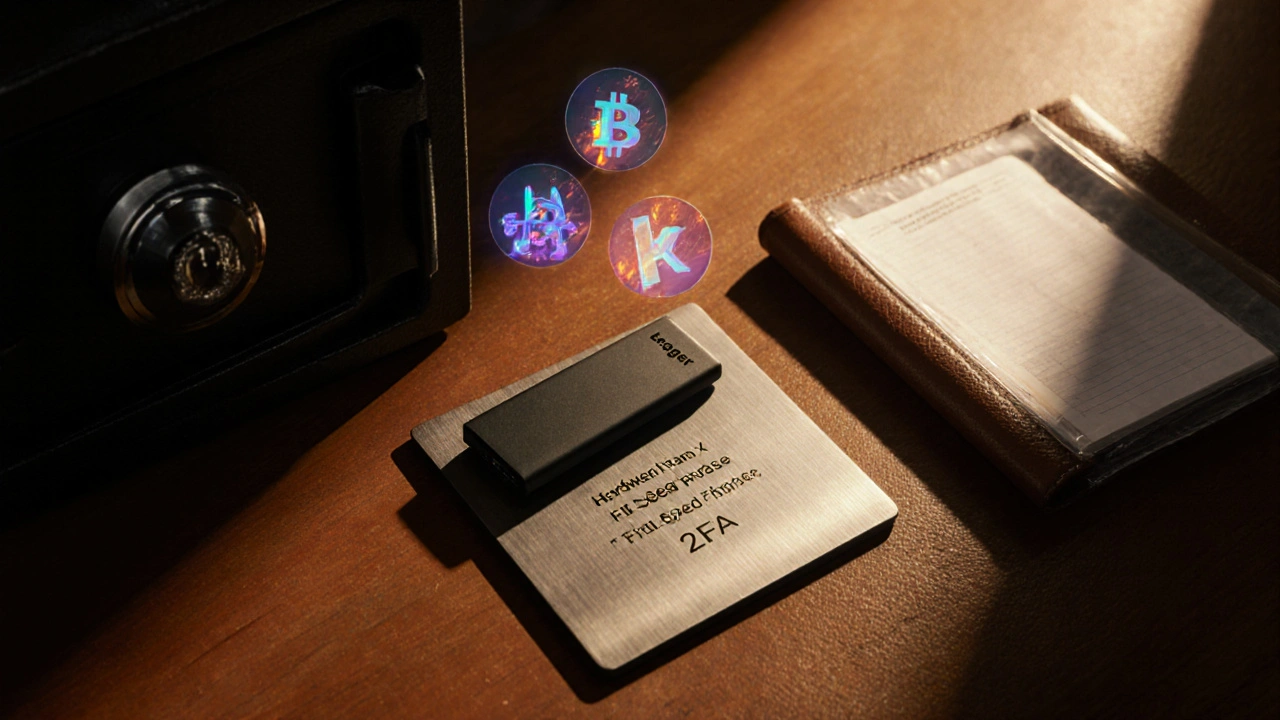 Metallplatte mit Seed‑Phrase, Hardware‑Wallet und feuersicherer Safe, Symbol für sichere Aufbewahrung.