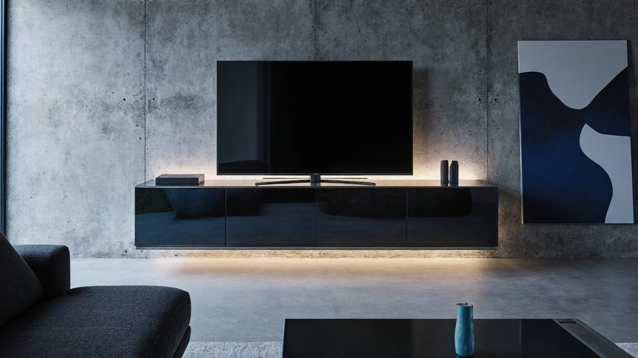 Modernes Lowboard aus Glas und Metall mit LED-Beleuchtung, Abstand zur Wand