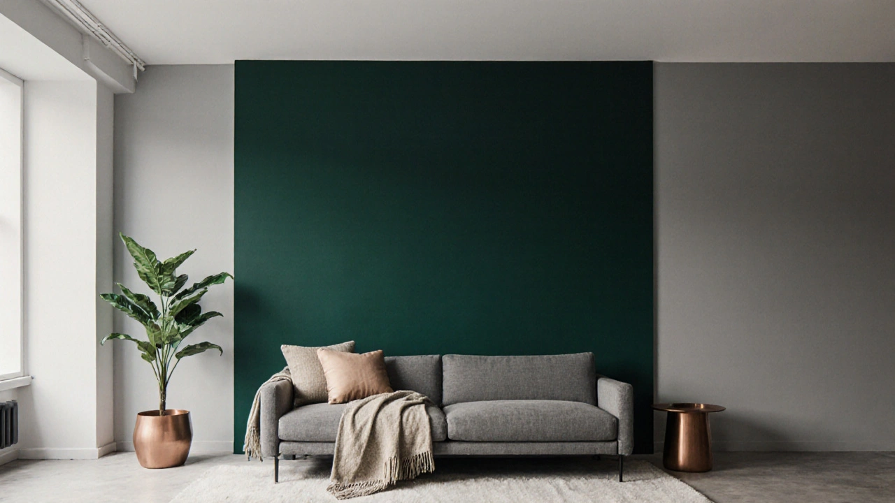 Modernes Wohnzimmer mit grauen Wänden und dunkelgrüner Akzentwand, Kupferakzenten und einer Pflanze in mattem Licht.