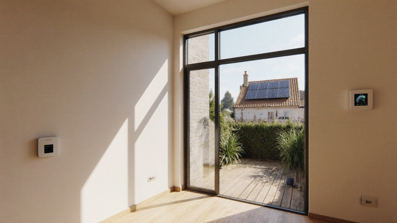 Modernes Wohnzimmer nach Sanierung: isolierte Wände, große dreifach verglaste Fenster, Sonnenkollektoren außen.
