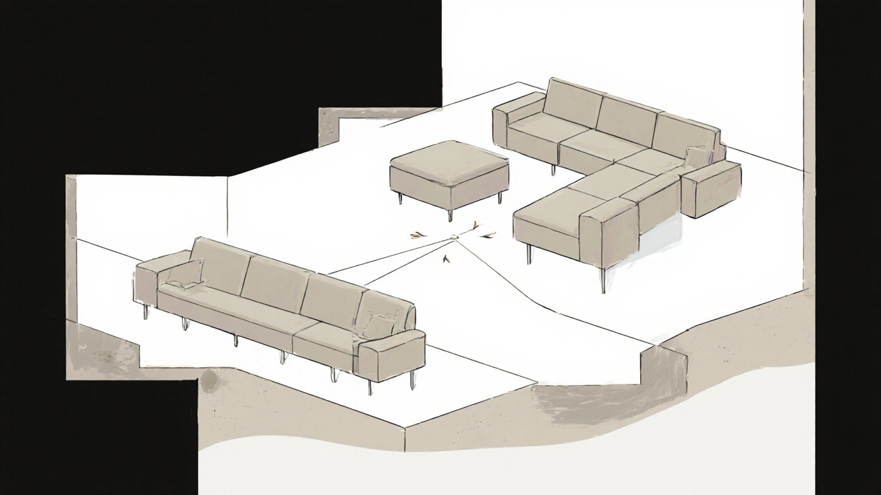 Modulares Sofa in drei verschiedenen Anordnungen als stilisierte, abstrakte Formen.