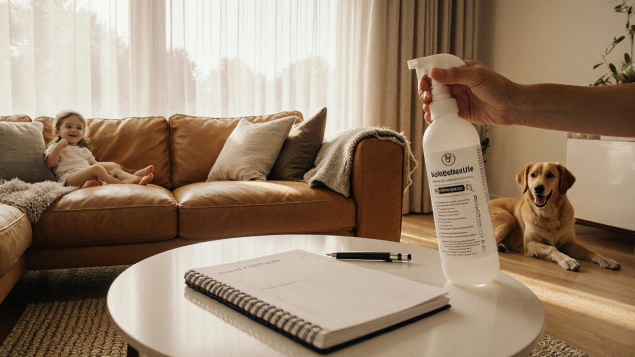 Person pflegt Ledersofa, Checkliste liegt auf Couchtisch, Familie entspannte Atmosphäre.