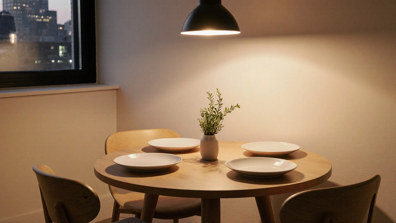 Runder Holztisch im skandinavischen Stil, freundliche Dinner‑Atmosphäre.