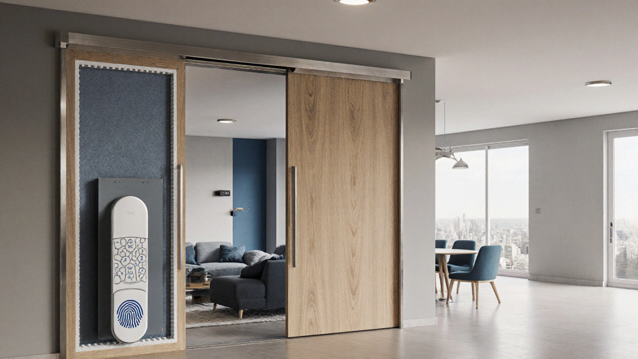 Schiebetür aus Holz‑Komposit und Aluminium, Querschnitt zeigt Dämmung und Smart‑Lock.