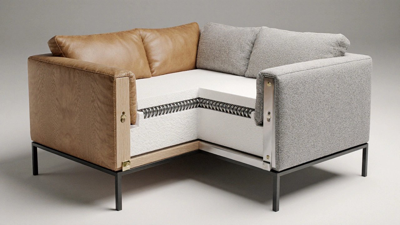 Schnittzeichnung von Sofa, Holz‑ und Metallrahmen, Schaum‑ und Federkern, Leder‑ und Mikrofaserbezug.