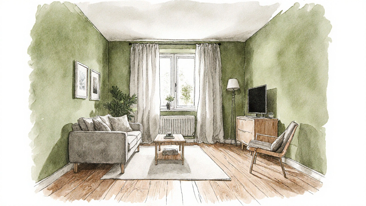 Skandinavisches Wohnzimmer mit moosgrünen Wänden, hellem Eichenboden und leinenen Vorhängen in ruhiger Naturatmosphäre.