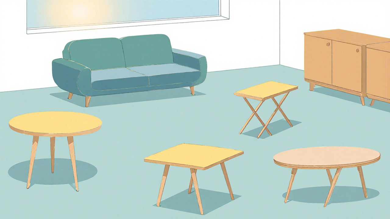 Verschiedene Couchtischformen – rund, quadratisch, rechteckig, oval und klappbar – in einem kleinen Wohnbereich dargestellt.