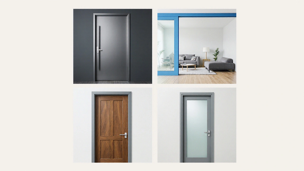 Vier Türen im Raster: Aluminium‑Eingang, Glas‑Schiebetür, Holz‑Paneeltür, satiniertes Badglas.