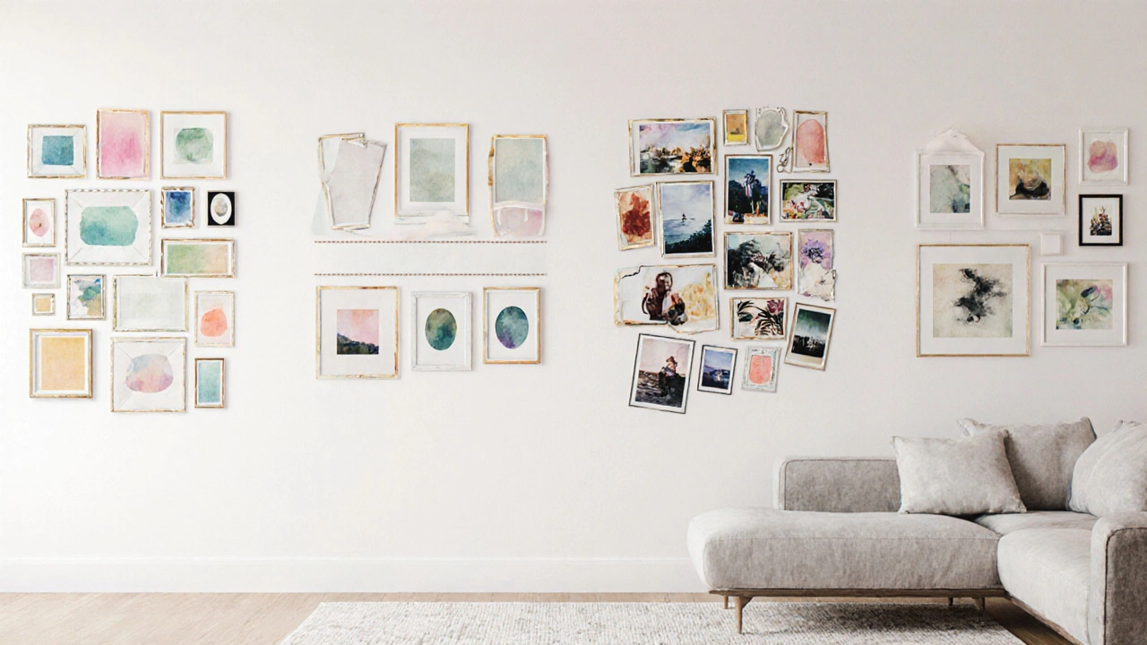 Vier verschiedene Galeriewand‑Layouts – geometrisch, Kantenaufhängung, Salon‑Stil und diagonal – nebeneinander dargestellt.
