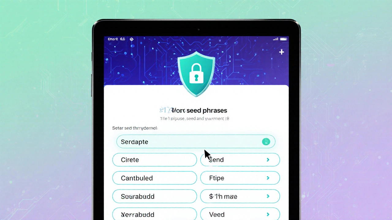 Wallet‑App‑Bildschirm, Eingabe der 12‑Wort‑Seed‑Phrase, Cursor lässt Wörter erscheinen.