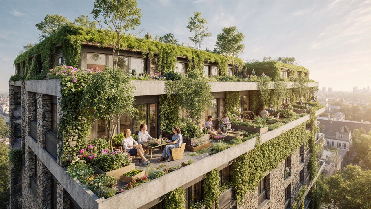 Wohnhaus mit intensiv begrüntem Dach, Sitzbereich und Gemüsebeeten, Bewohner entspannen auf der Terrasse.
