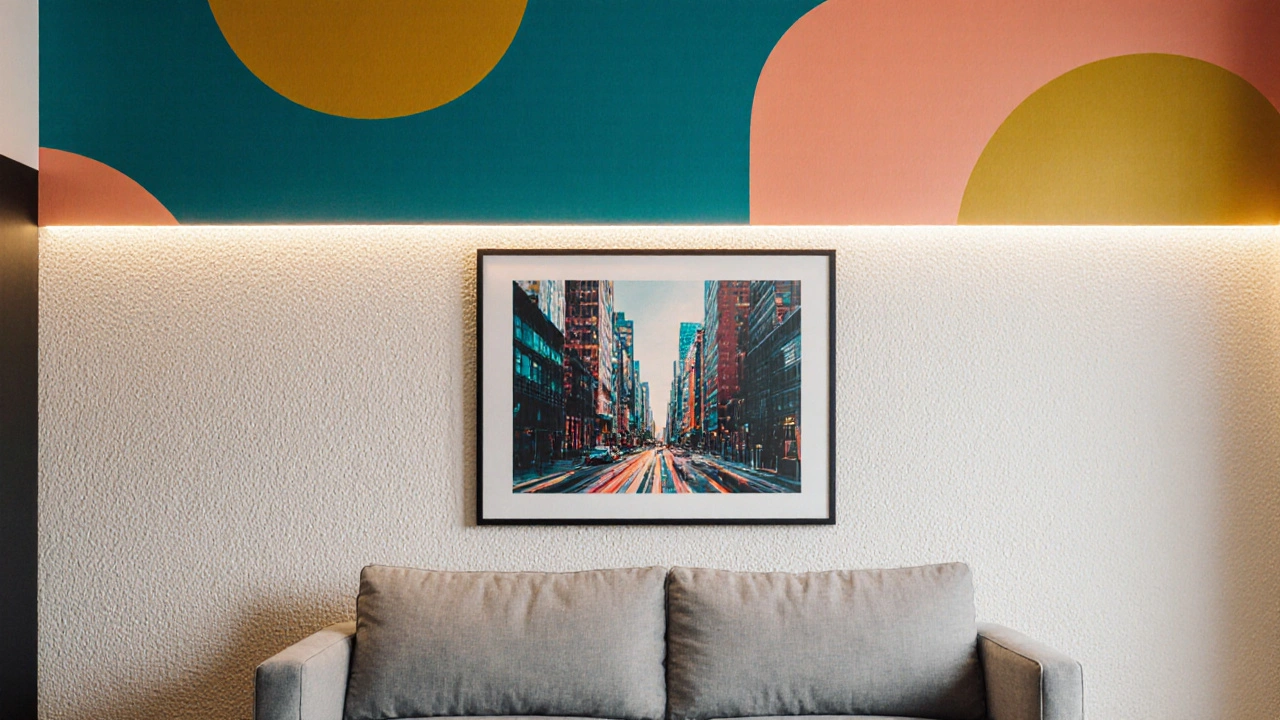 Wohnzimmerwand mit farbigem Wandtattoo, großem Kunstwerk und strukturiertem Tapetenmuster.