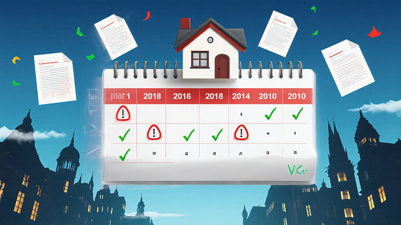 10-Jahres-Kalender mit Haus-Symbol, das von roten Warnungen zu grünen Checkmarks wandert.