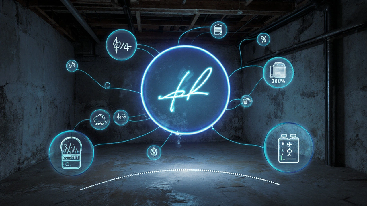 360-Grad-Foto einer Kellerwohnung mit digitalen Anmerkungen und Energiezähler-Daten in der Luft.