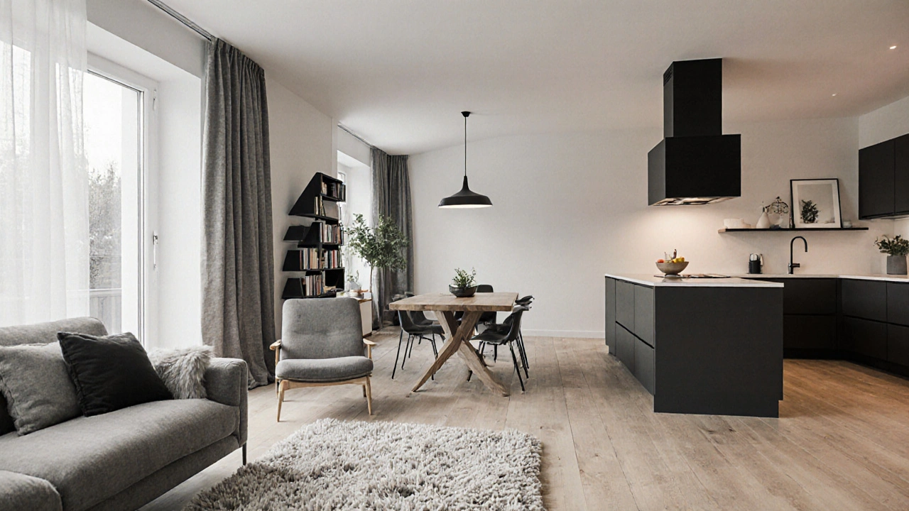 Akustisch optimierter offener Raum mit Teppich, schallabsorbierenden Vorhängen und Dunstabzugshaube, ruhige Ecke neben der Küche.