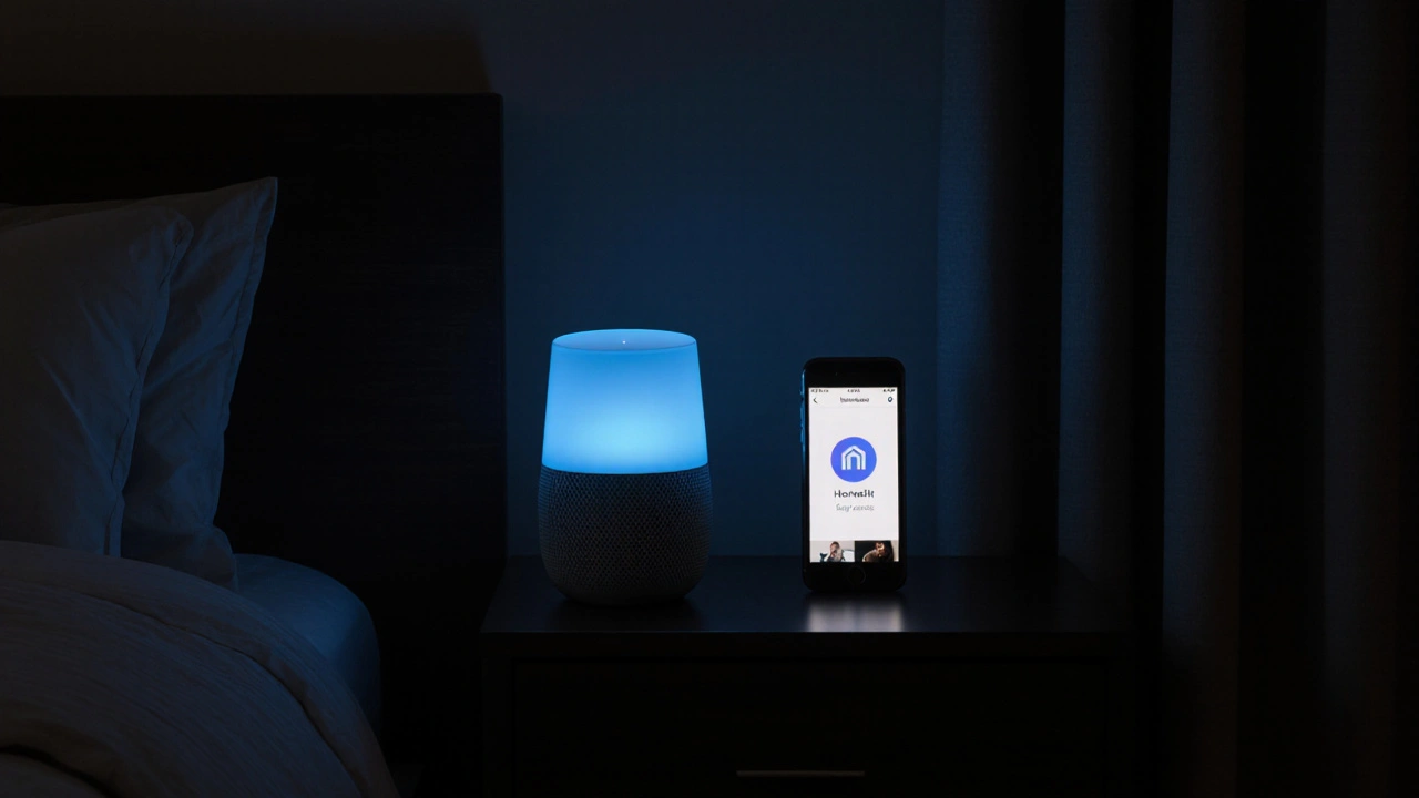 Apple HomeKit-Setup im Schlafzimmer, HomePod mini mit blauem Licht, Sicherheitskamera mit lokaler Verarbeitung.