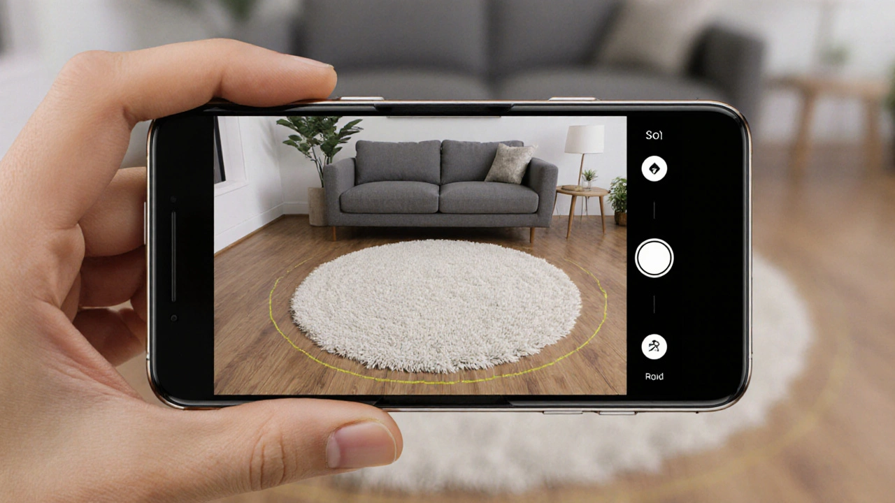 AR-App zeigt virtuell einen runden Teppich im Wohnzimmer auf dem Smartphone-Bildschirm.