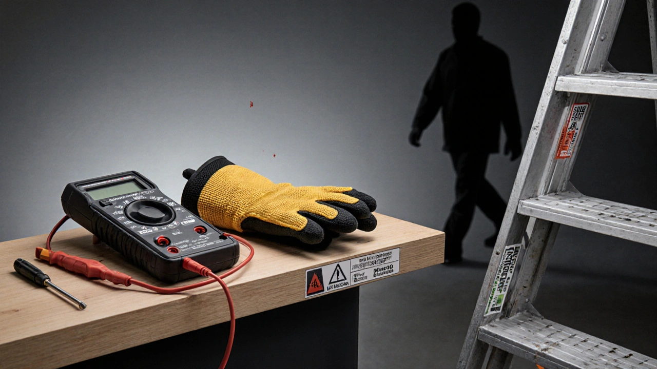 Auf einem Werkbank liegen drei Sicherheitsgeräte: Spannungsprüfer, isolierte Handschuhe mit Riss und Fiberglasleiter mit Zertifizierungslabel.