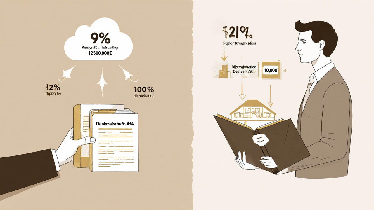 Aufteilung der steuerlichen Abschreibung für Eigennutzer und Vermieter, Diagramm mit Abzügen und Rückerstattungen in Sepia und Gold.