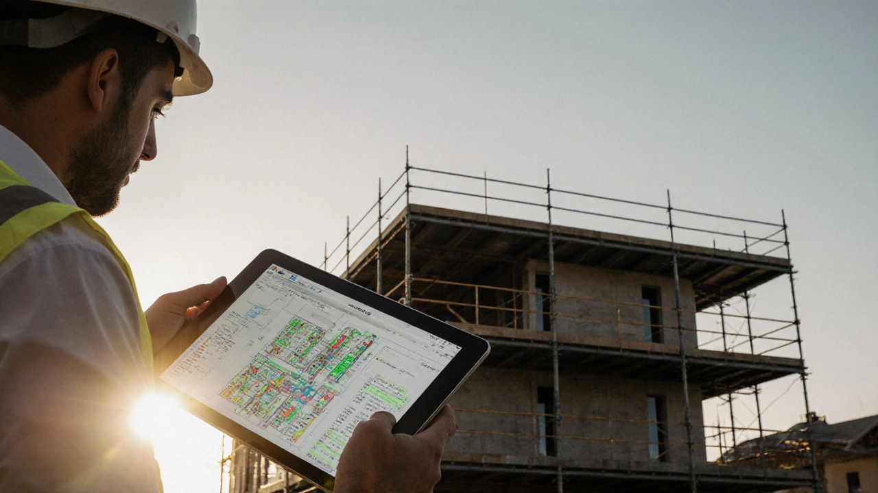 Bauingenieur mit Tablet, das ein BIM-Modell mit aktualisierten Kosten zeigt, vor halbfertigem Haus.