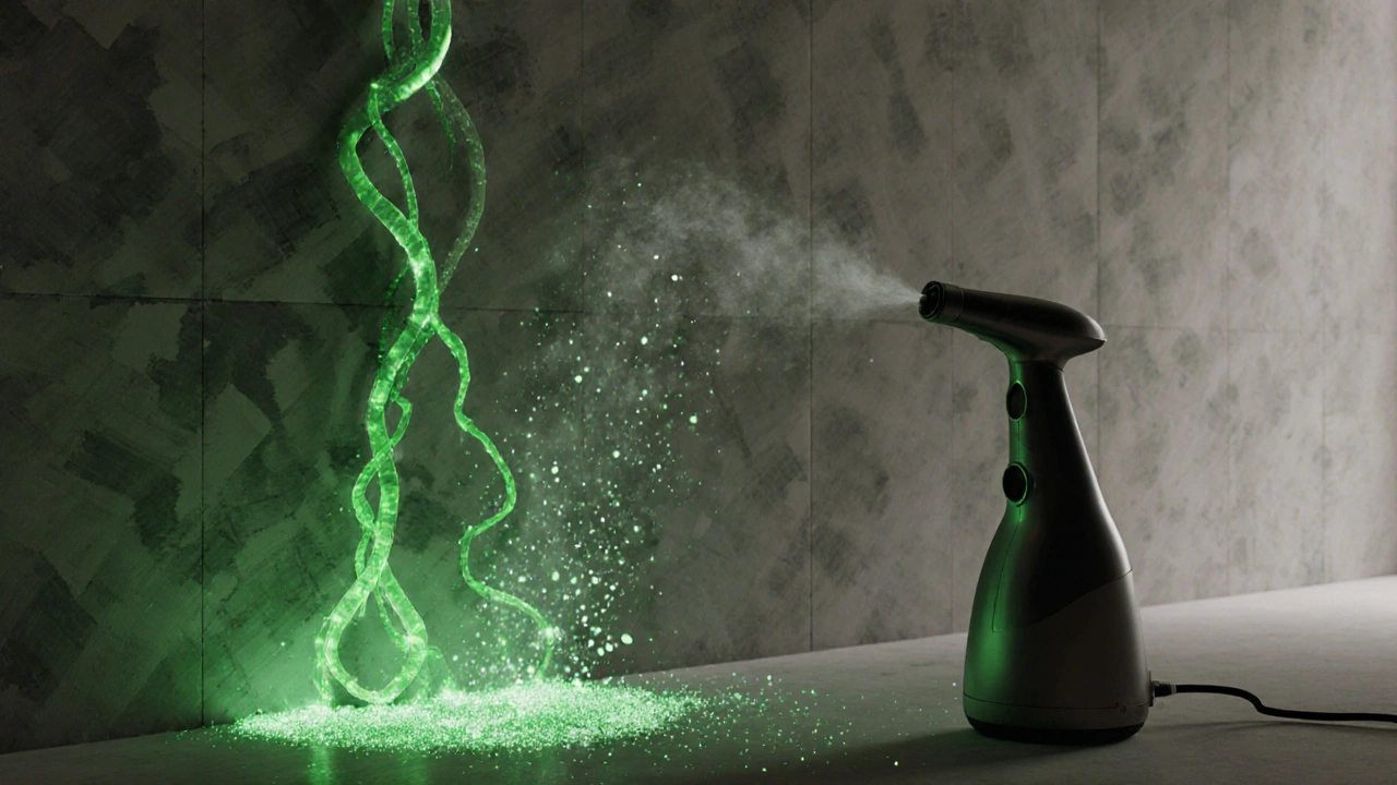 Biologisch abbaubare Enzyme lösen Tapetenkleber auf, grüne, organische Strukturen breiten sich sanft an der Wand aus.