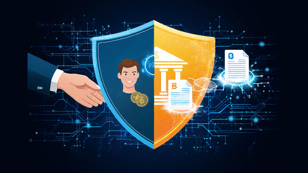 Digitale Garantieübertragung zwischen Mieter und Vermieter mit KI-Analyse in Hintergrund.