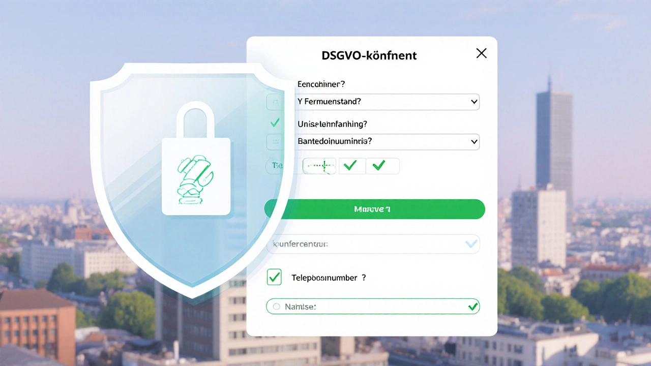 Digitales Mietformular mit blockierten unzulässigen Fragen und DSGVO-Konformitätsschild.