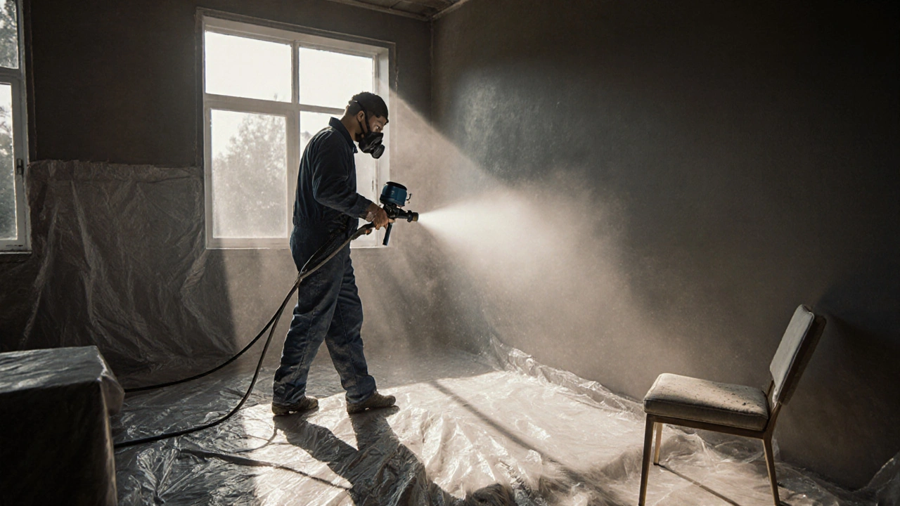 DIY-Maler mit Sprühsystem, Schutzkleidung, Farbnebel in der Luft.
