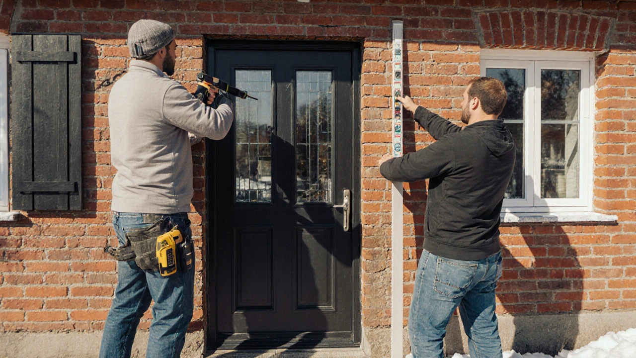 Drei Personen installieren eine schwere Haustür mit Dichtband und Bohrmaschine in einem Wohnhaus.