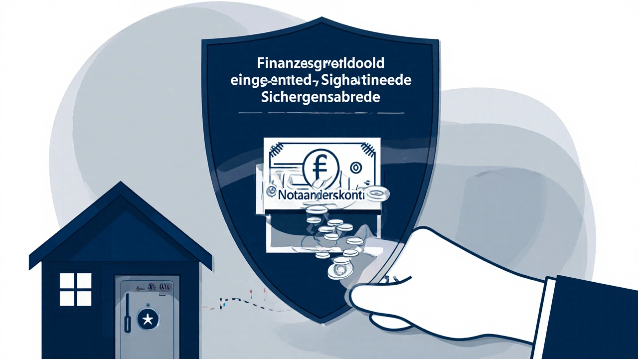 Dreischichtiger Schild symbolisiert rechtliche Sicherheitsmechanismen für die Kaufpreiszahlung.