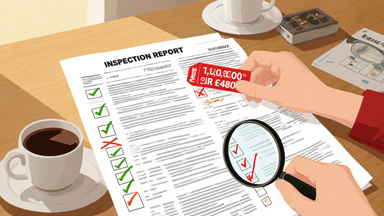 Ein Käufer studiert einen detaillierten Immobiliengutachten-Bericht am Küchentisch.