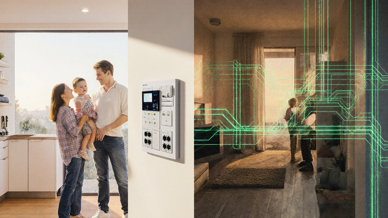 Ein KNX-System über 30 Jahre: junges Paar im Neubau und älteres Paar im gleichen Haus mit gleichem System.