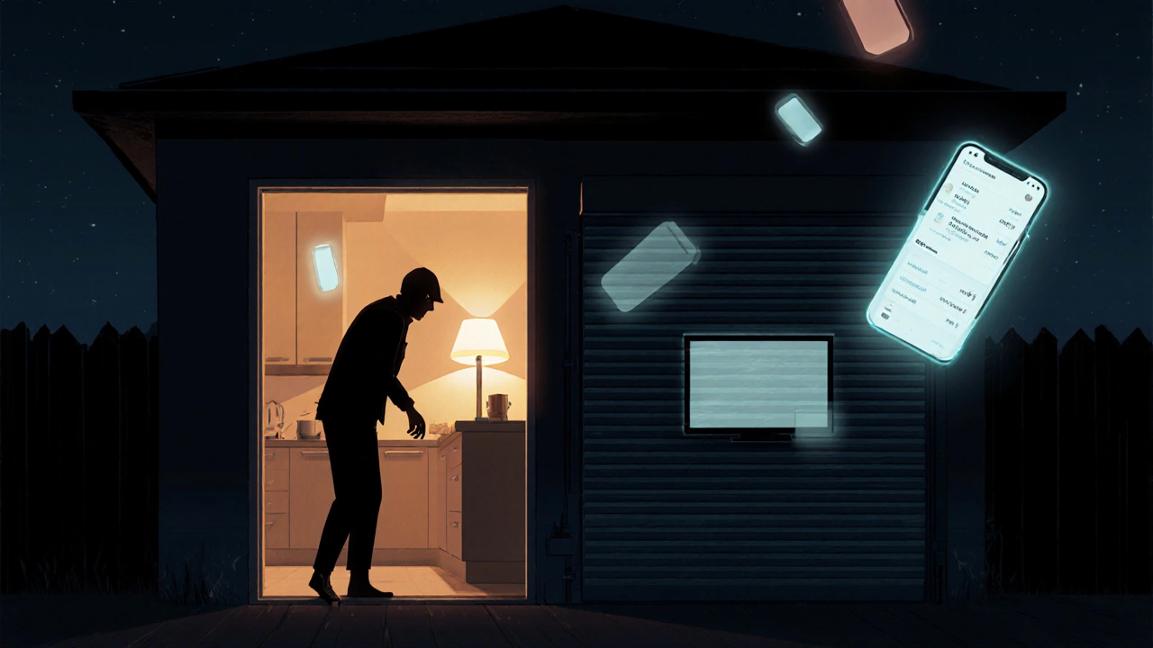 Einbrecher beobachtet ein Haus, das durch zufällige Lichter und Bewegungen wie bewohnt wirkt.
